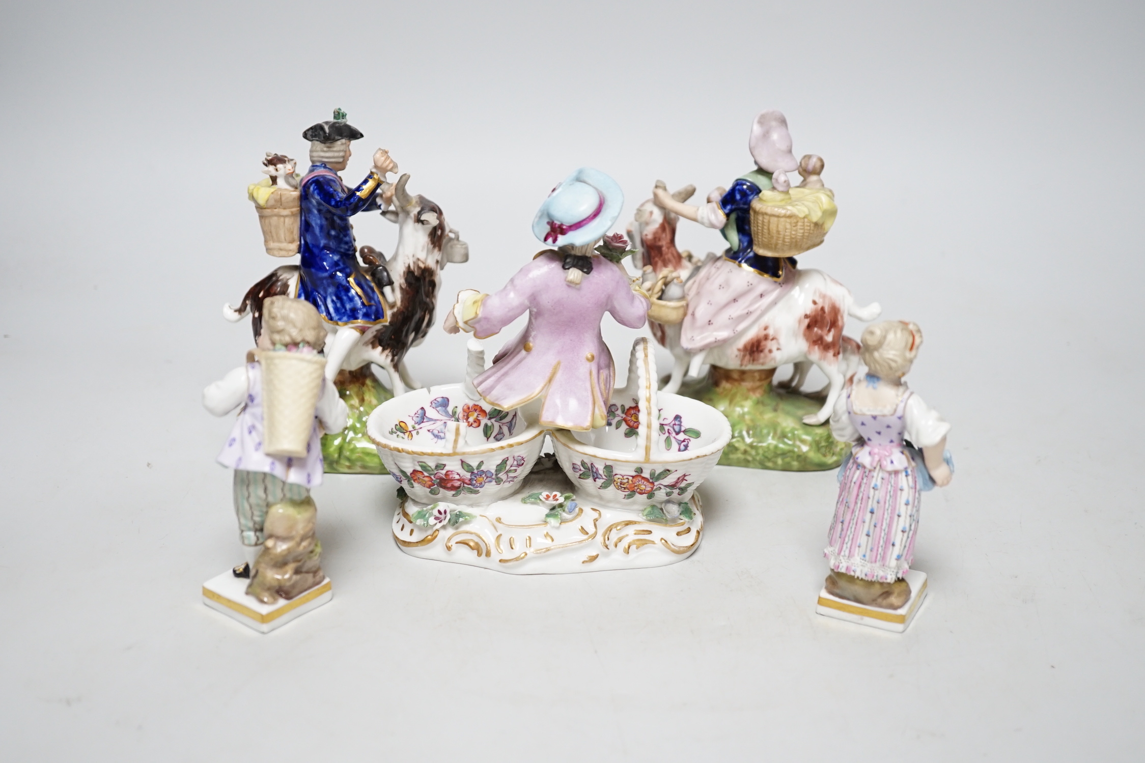 A pair of 19th century Derby figures, a pair of Meissen figures and another, tallest 13cm